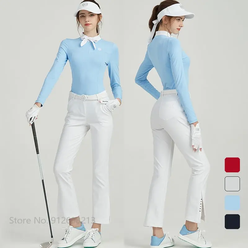Blktee Golf Women Long-sleeved Shirt Slim Korean Style Tops Ladies Split Sports Pants Casual High Waist Trousers Clothing Sets