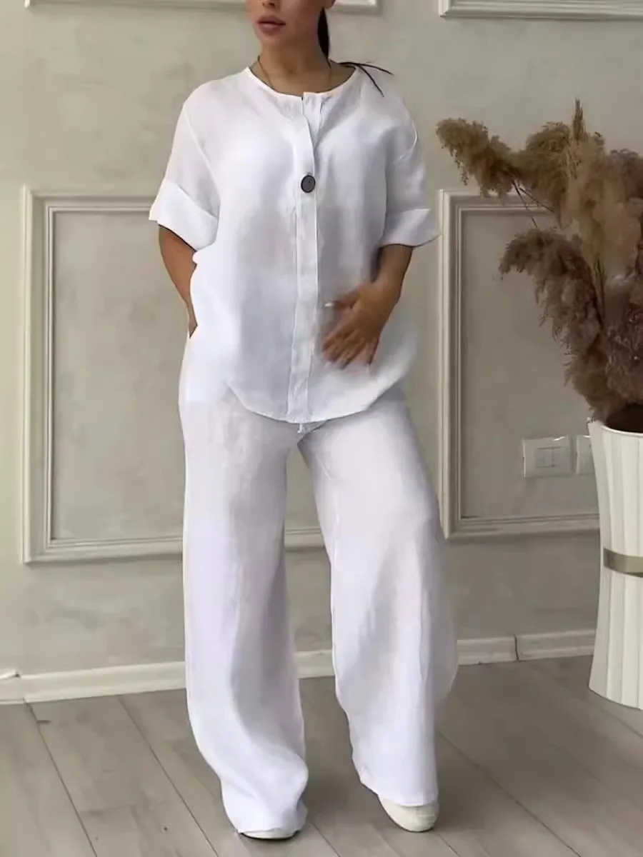 Рубашка из хлопка и льна с V-образным вырезом длинным рукавом