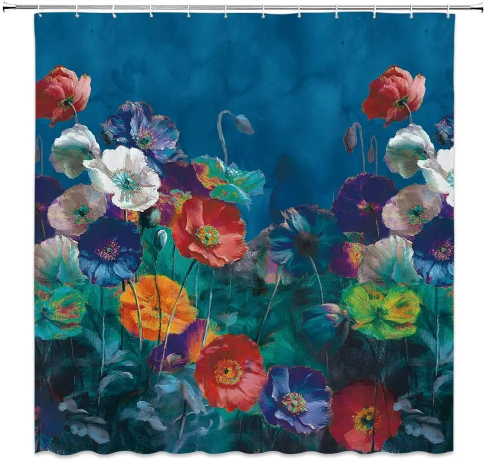 

Watercolor Floral Shower Curtains Beautiful Flowers Spring Plant Nature Romantic Oil Painting Art Print Bathroom Decor Blue Navy