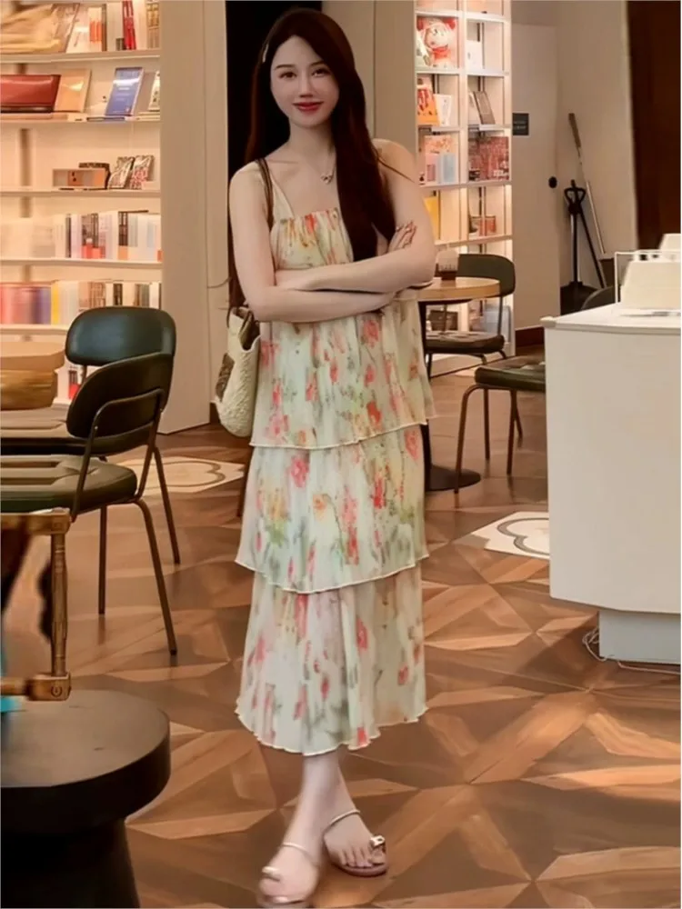 

Print Suspender Chiffon Dress Summer Fashion Beach Lady Dress Retro A-line High Waist Dresses Elegant Luxury Party Maxi Dress