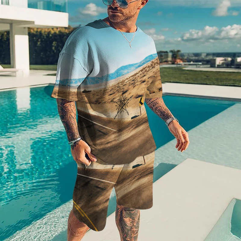 New Men's T-shirt Set Summer Outfits Harajuku 3D Print Casual Sports T-shirt Round Neck Retro Short-sleeved Top Tracksuit Suit