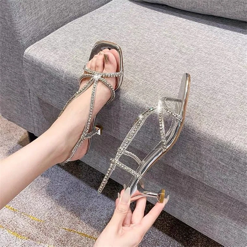 

Women Summer Rhinestone Sandals High Heels Square Toe Wedding Shoe Female Open Toe Dress Silver High-heeled Stiletto Party Shoes