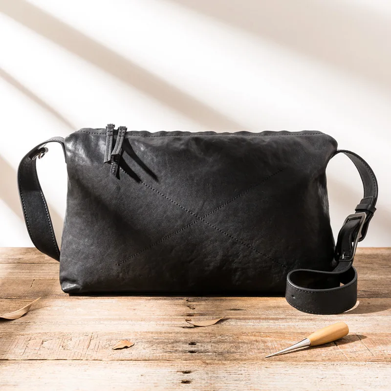 Simple luxury high quality genuine leather men's black shoulder bag outdoor travel natural first layer cowhide shoulder bag