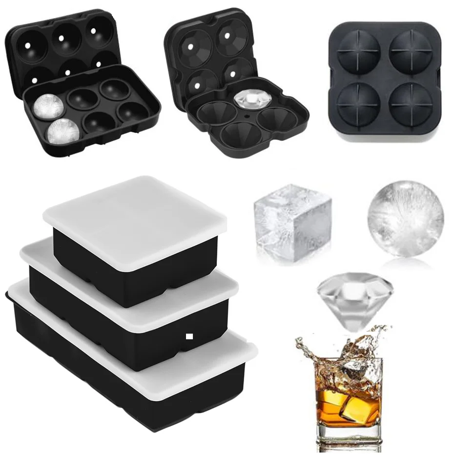 Ball Square Diamond Shape Ice Cube Mold Whisky Wine Big Ice Maker Reusable Large Round Ice Cubes Tray Mould for Freezer with Lid