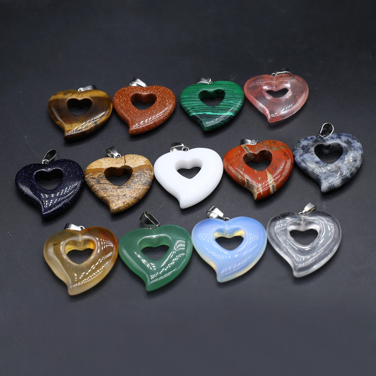 

10PCS Wholesale Natural Semiprecious Stone Heart Hollow out Pendant Sweet Jewelry Accessories DIY Necklace Earrings Gift