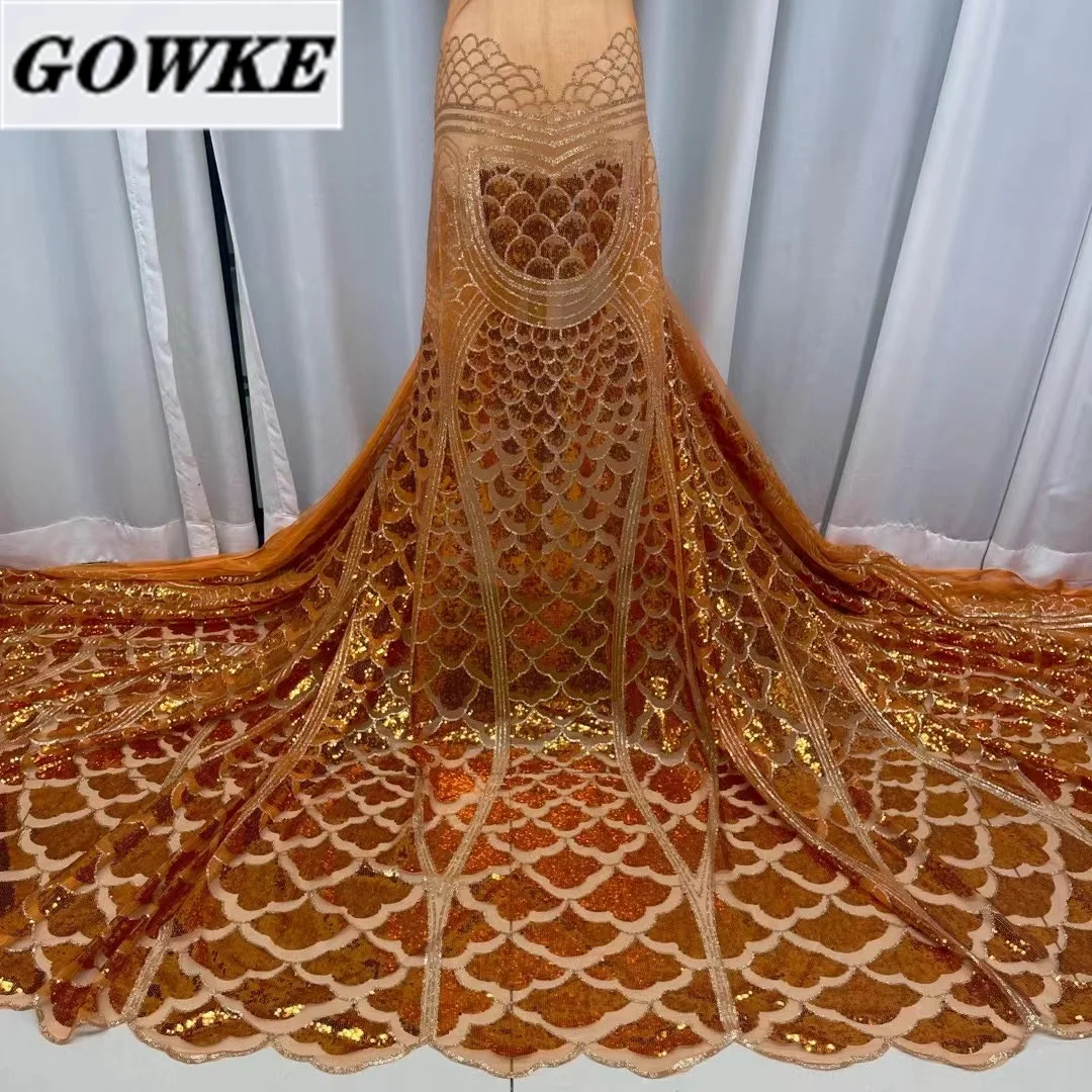 Burnt Orange 2022 High Quality Nigerian Embroidery Lace Fabric French Latest Sequins Tulle  Fabric Tradition For Women Dress Sew