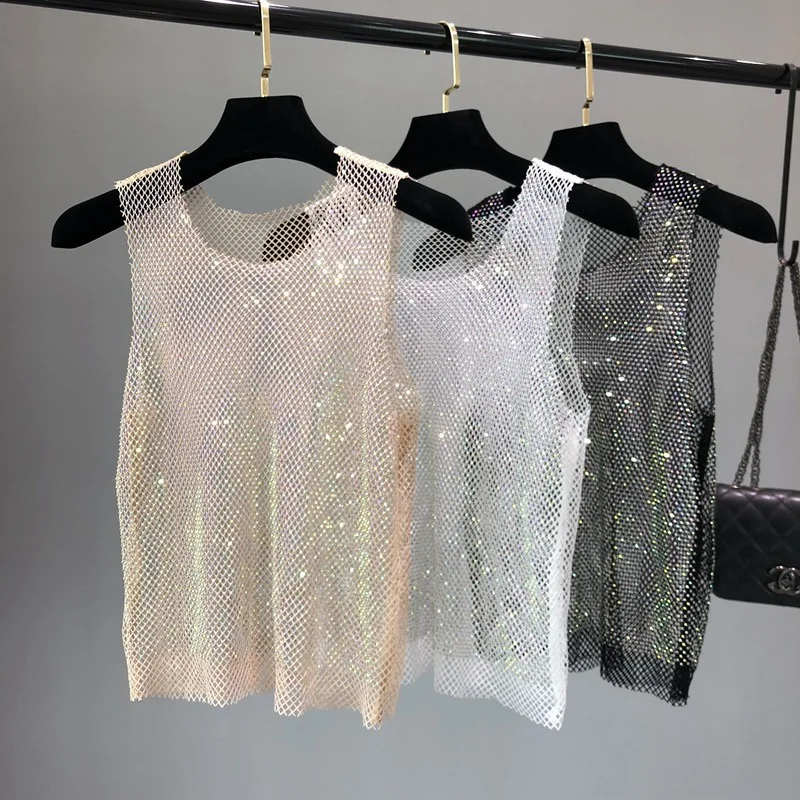 

Glitter Crystal Beading Shiny Tanks Y2k tops Party Club Sexy Hollow Out Diamonds Sleeveless Vest For Women Beach Party Nightclub