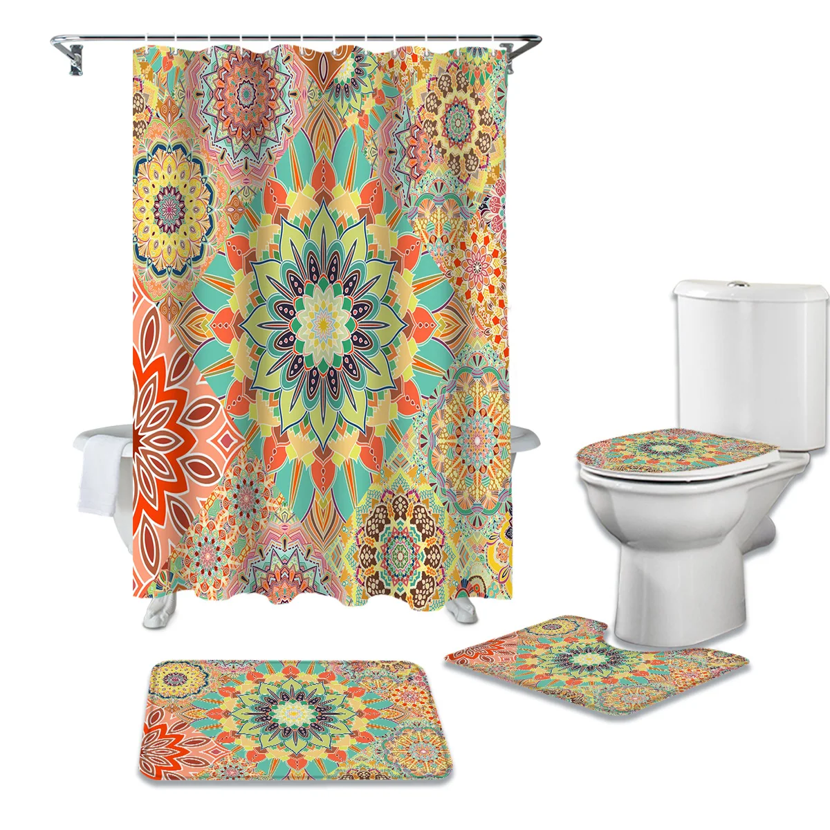 

Круглая ретро-занавеска для душа в этническом стиле с красивым пляжным принтом, набор накидок на ковер, крышка для туалета, коврик для ванно...