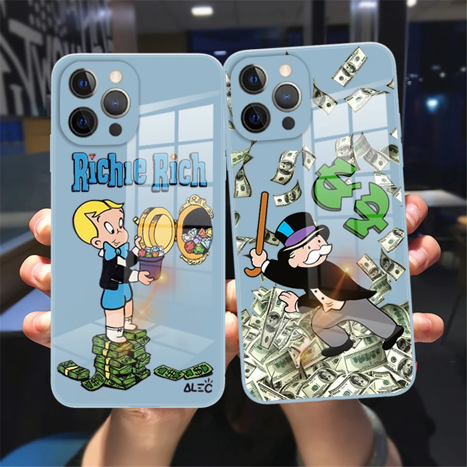 

Catoon Dollar Alec Monopoly Tempered Glass Phone Case For iPhone 11 12 13 Pro Max 12 13 Mini Candy color Blue reflective case