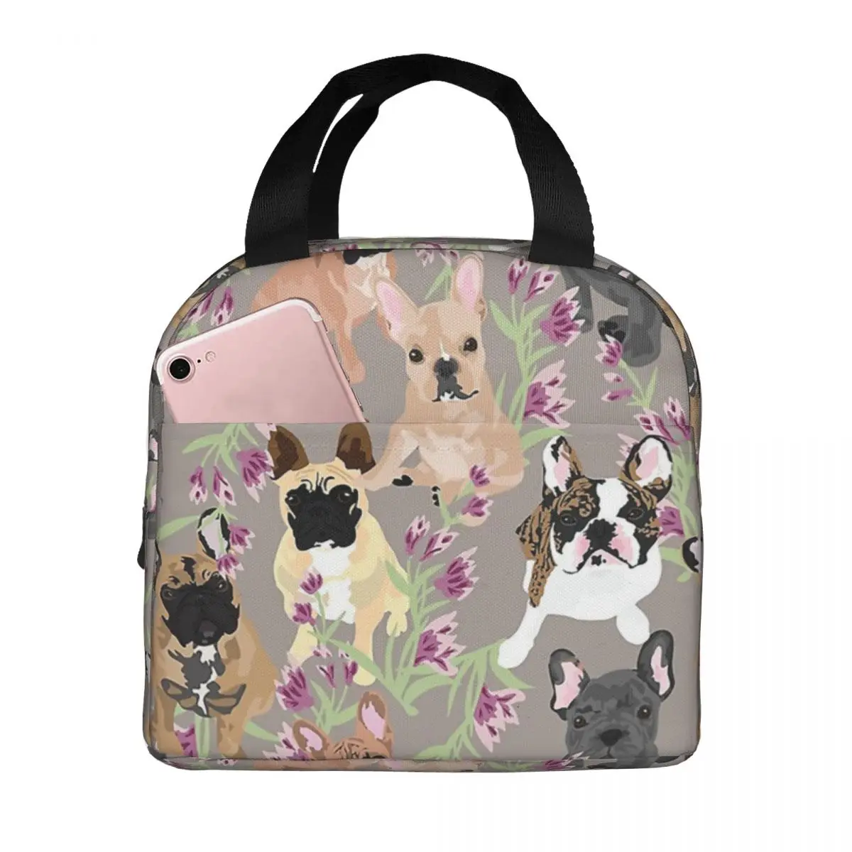 Floral French Bulldog Lunch Bags Portable Insulated Polyester Cooler Dog Thermal Cold Food Picnic Lunch Box for Women Kids