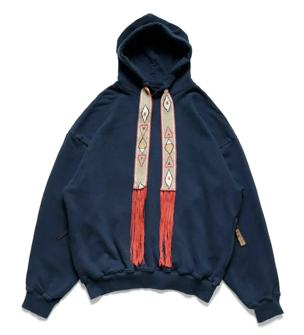 Фото Мужские толстовки KAPITAL Hiroda 23SS, двухцветные, в японском винтажном стиле, с геометрическим узором, бахромой, этнической вышивкой и лентами, свободного кроя, с капюшоном №1