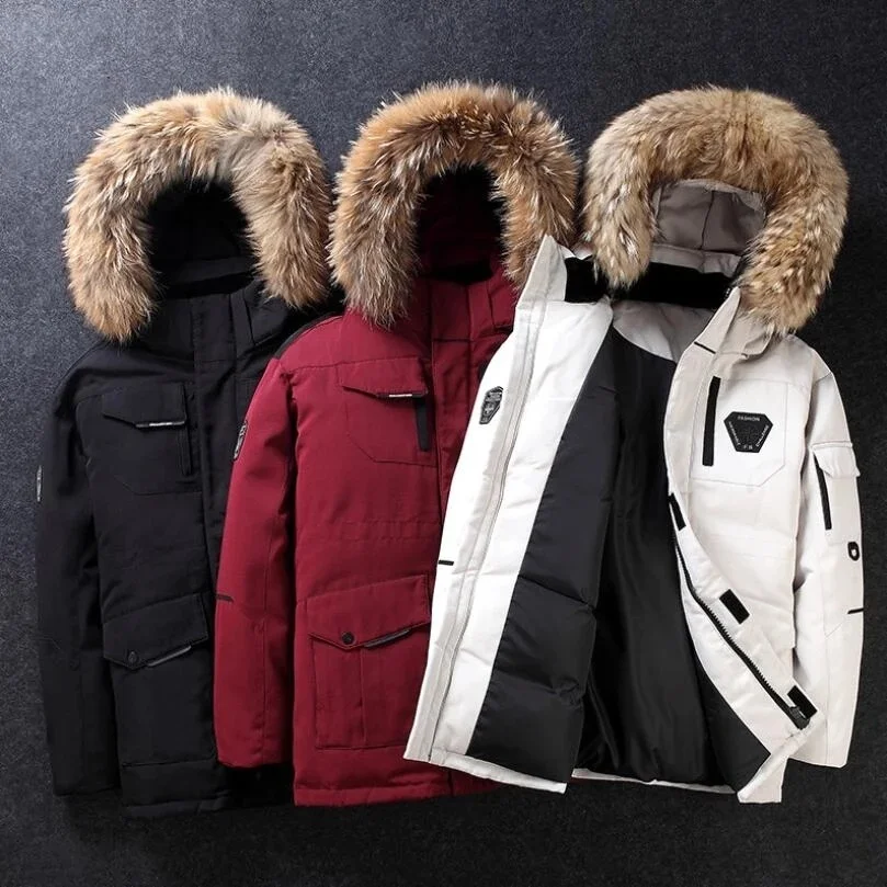 -30 Degree Outdoor Hiking Skiing Down Jacket Men Winter Thick Warm Fur Collar Hooded Coats Climbing Camping Windproof Down Parka