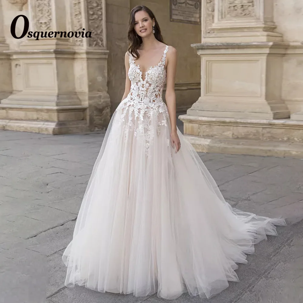 

Osquernovia Classic Wedding Bridal Gown Tuille V-neck Appliques Sleeveless Backless A-line Abito Da Sposa Custome Made 2023