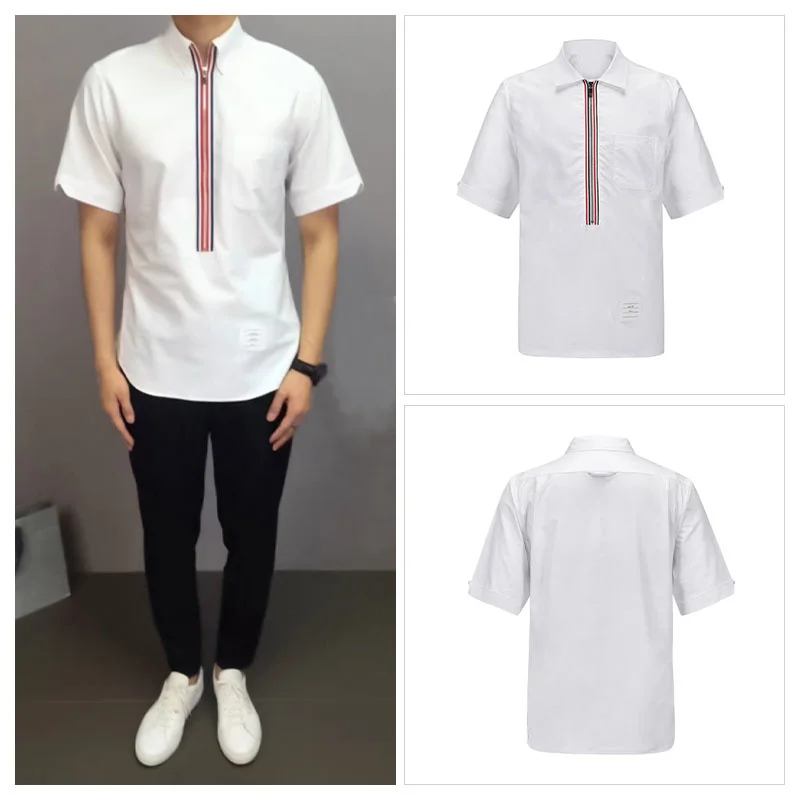 

TB THOM Shirt Striped Front Zipper Men's Clothing Pullover Summer Casual Oxford Short Sleeve Fashion High Quality Tops