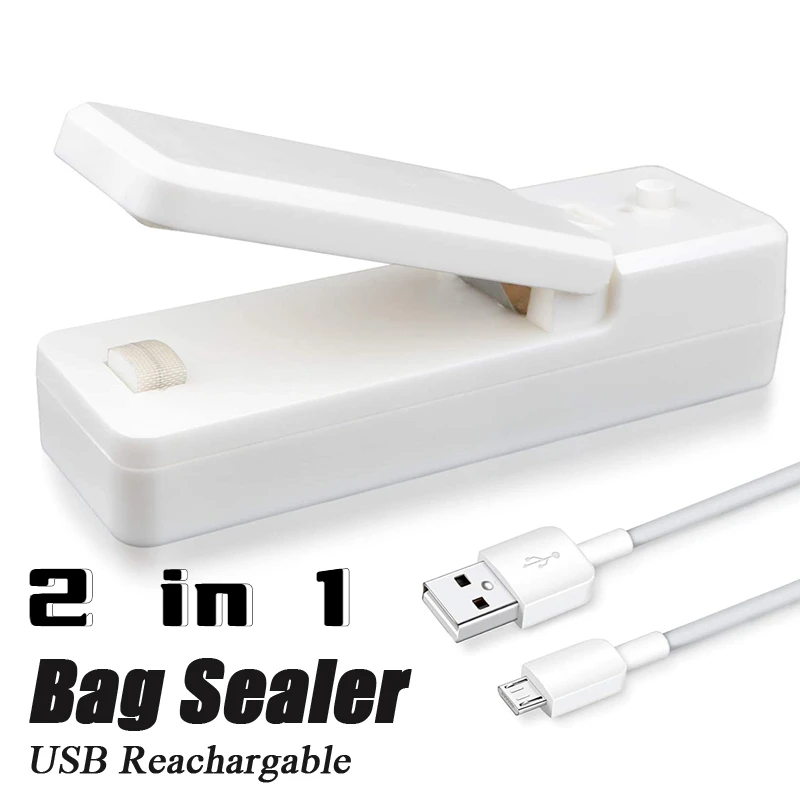 

2 IN 1 USB Bag Sealer Mini Chargable Heat Sealers with Cutter Knife Rechargeable Portable Sealer for Plastic Bag Food Storage