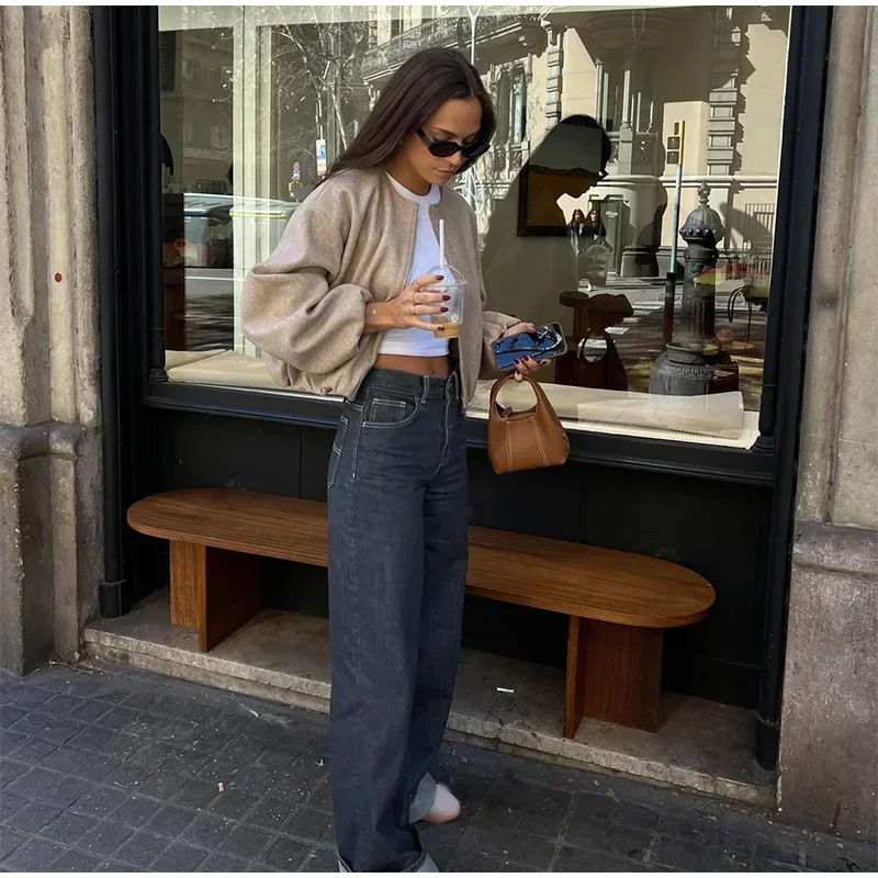 Женская укороченная куртка-бомбер на молнии с круглым вырезом повседневная