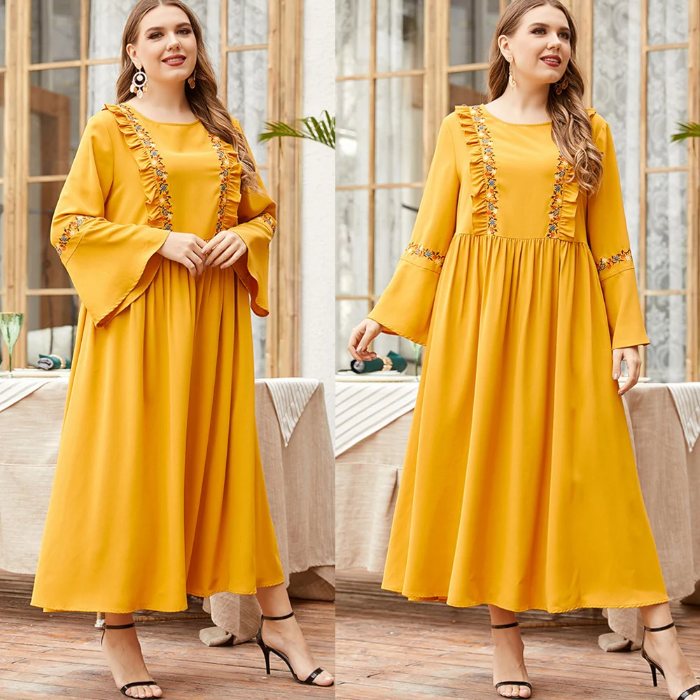 

Весна 2022 Рамадан мусульманское женское длинное платье Кафтан Макси абайя Арабская Исламская вышивка с расклешенными рукавами этнический х...