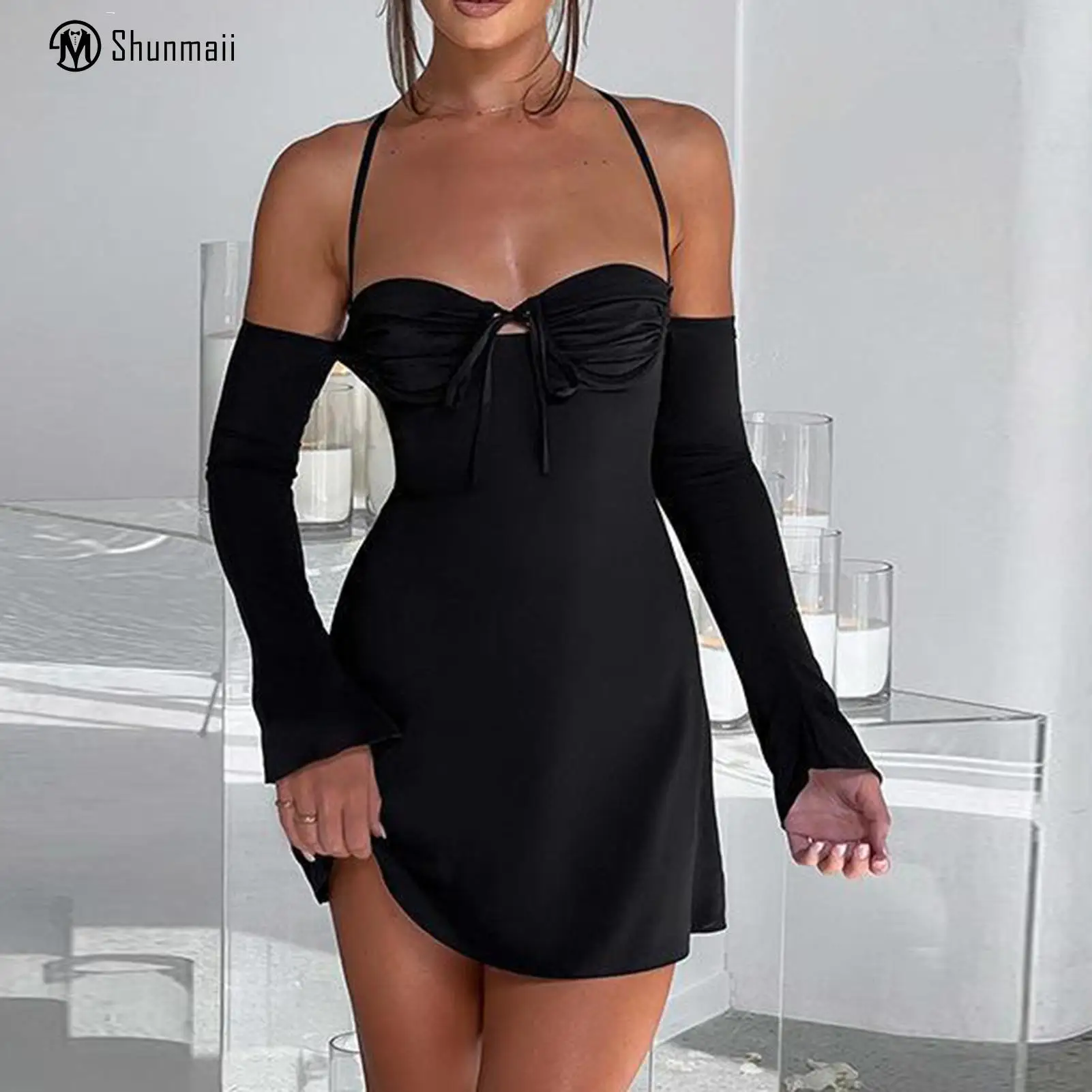 

Women Bodycon Dress Tie Up Ladies Spaghetti Strap Dress with Sleeve Solid Color Sexy Style Slim Fit Vacation Outfit