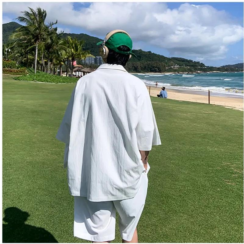 Summer 2 piece Mens Sets Matching Suit Jacket Shorts Oversized Solid Green White Black Fashion Streetwear Thin Leisure Suit