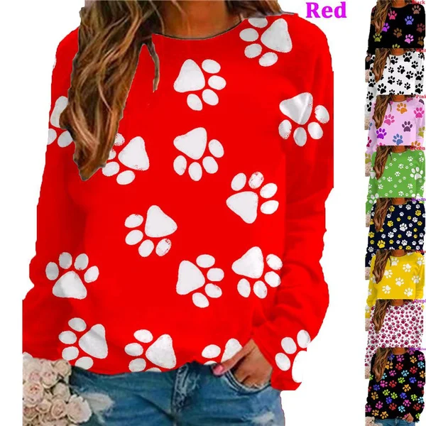 

Women's Fashion Summer O-Neck Long Sleeve Loose Casual Footprints T-shirts Blouse Tops Plus Size S-6XL