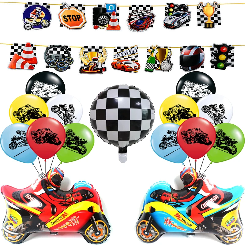 1 Набор Флагов Гонок на Мотоциклах, Латексные Шары, Значок Мотоцикла, Клетчатый Флаг Автогонок, Декорации для Детской Вечеринки, Игрушки для Мальчиков.