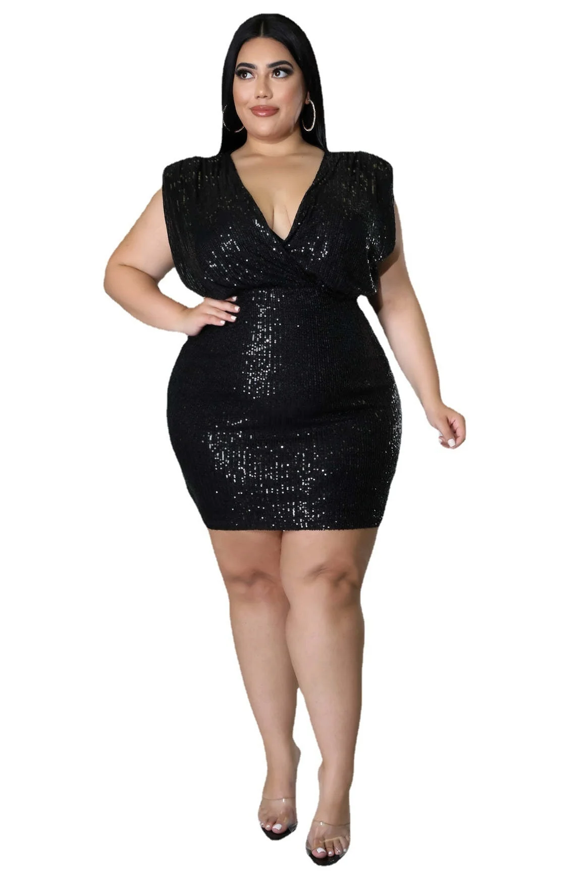 Woman's Plus Size Dresses Black Beaded Sexy Deep V Sleeveless Hip Wrap Skirt Lady Evening Party Dress Large Mini Sequin Clothes