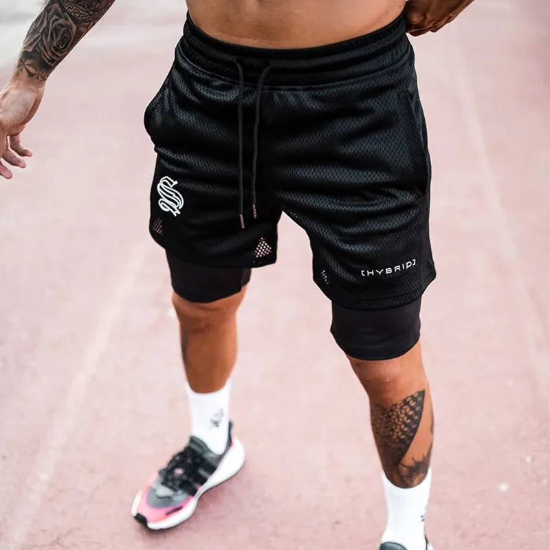 Men 2 in 1 Running Shorts Jogging Gym Fitness Training Quick Dry Beach Short Pants Male Summer Sports Workout Bottoms Clothing