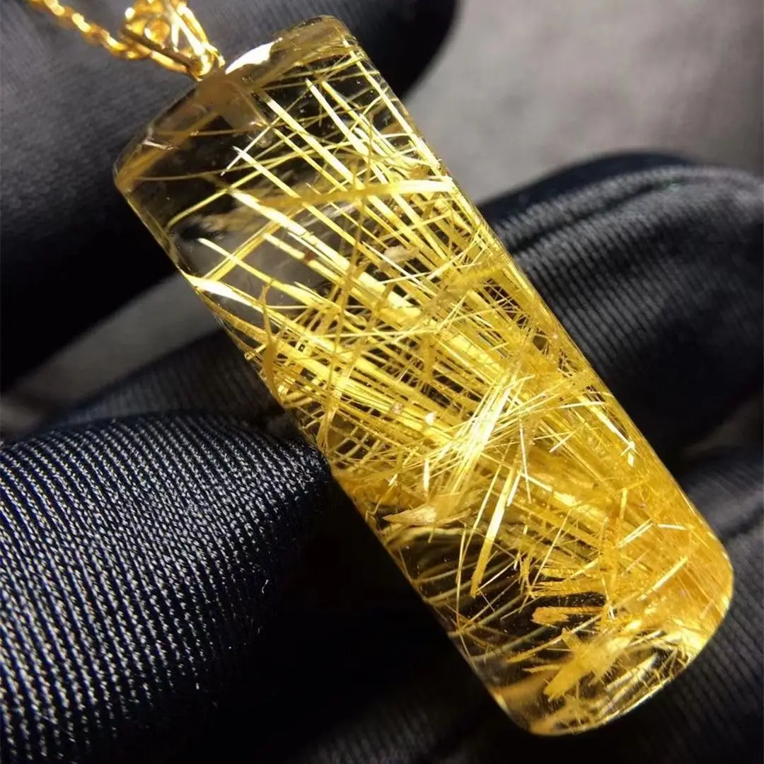 

Natural Gold Rutilated Quartz Pendant Necklace For Woman Lady Man Wealth Gift 29x12mm Beads Crystal Stone Jewelry 18K Gold AAAAA