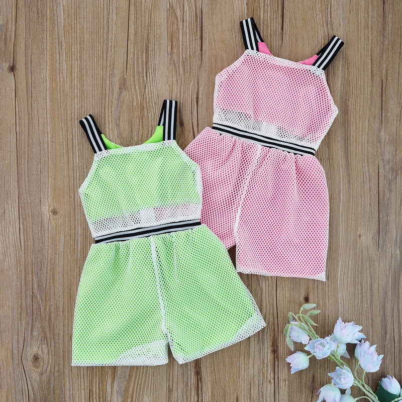 

Little Girls Summer Suspender Jumpsuit Fashion Contrast Color Hollow Fishnet Zipper Short Pants Playsuit 1-6Years