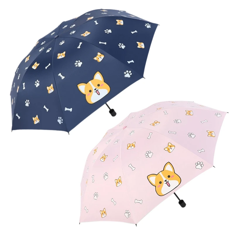 

2PCS Fashion Cartoon Lovely Dog Corgi Umbrella for Women UV Rainproof Umbrella Parasol Rain Umbrellas, Navy Blue & Pink