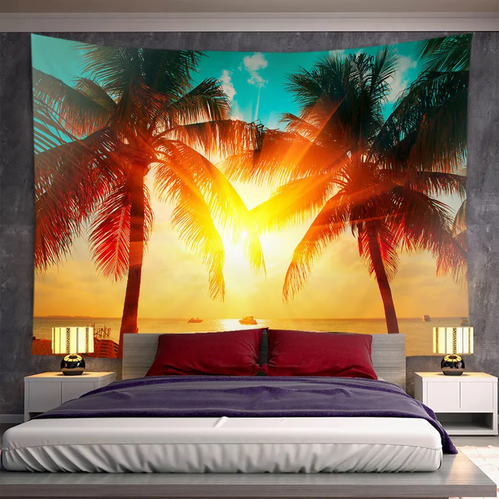 

Sunset Evening Glow Coconut Tree Landscape Tapestry Psychedelic Sky Wall Hanging Bedroom Room Aesthetics Home Decoration