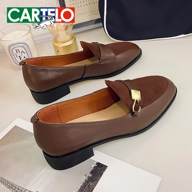 CARTELO Fashion Metal Hook Shoes Women Flats Suede Casual Loafers 2023 Spring New Designer Women Pointed Toe Shallow Boat Shoes