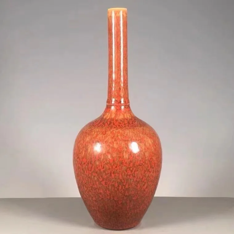 European Antique Porcelain Made in the Kangxi Period of the Qing Dynasty Red Glazed Long Neck Vase