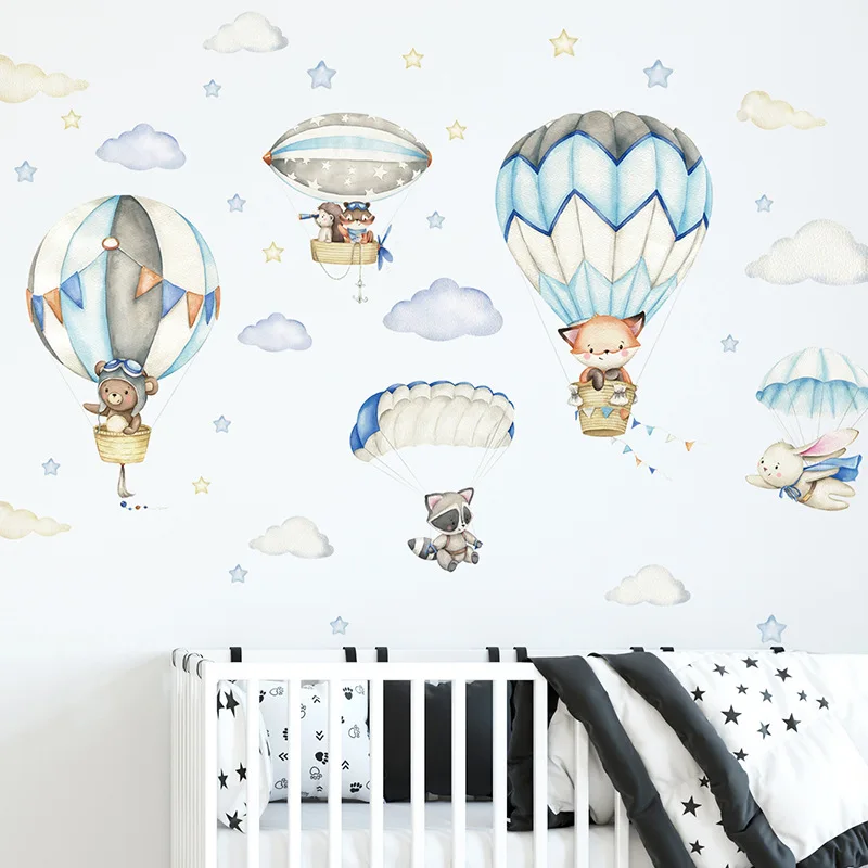 

Watercolor Animals Hot Air Balloon Clouds Wall Stickers Blue Color for Kids Room Baby Nursery Room Wall Decals Boy Room Stickers