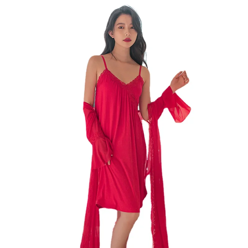 Red Collection Benmingnian Nightgown Women's Sexy Nightdress Spring Autumn Mesh Modal Sleepwear 2Pcs Set Homewear Lounge Set