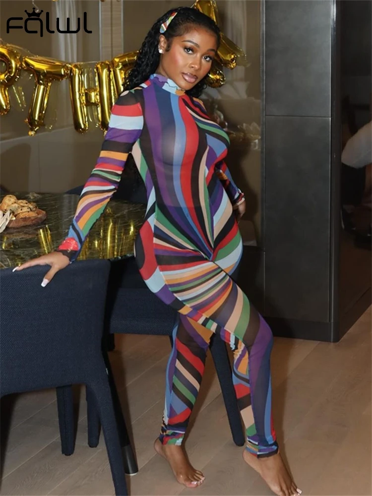 Женский прозрачный комбинезон с абстрактным принтом длинным рукавом