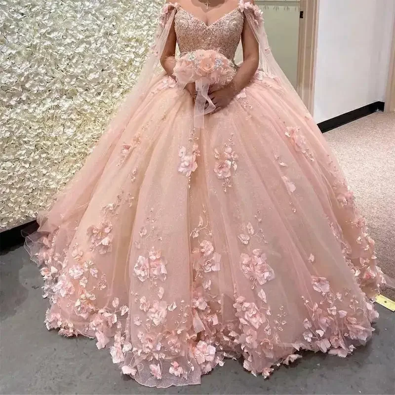 Румяно-розовое бальное платье Quinceanera платья с накидкой 15 вечерние 3D цветочным