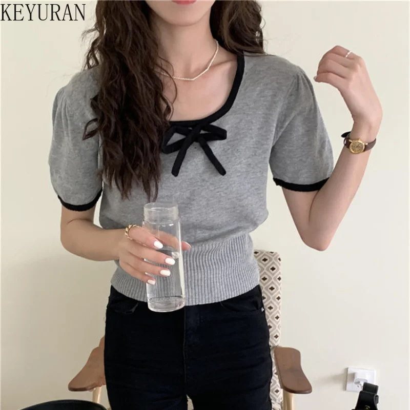 

Женский трикотажный свитер с коротким рукавом, тонкий вязаный укороченный топ из вискозы, корейский стиль, лето 2023