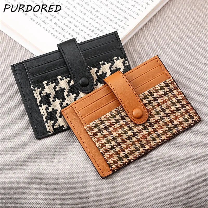 

PURDORED 1 Pc Women Fashion Houndstooth Card Holder PU Leather Slim Female Business Card Case Credit Mini Cards Wallet
