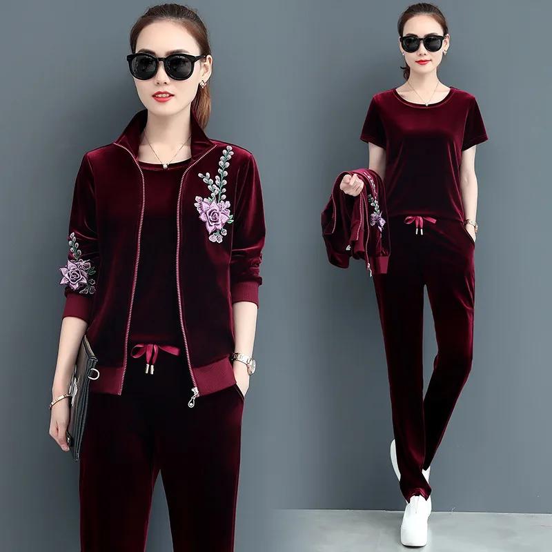 3pcs Womens Velvet Stand Collar Embroidery Floral Coats&T-shirt&Pants Trousers Suits Sport Casual 3Colors  Size Slim Fit enlarge