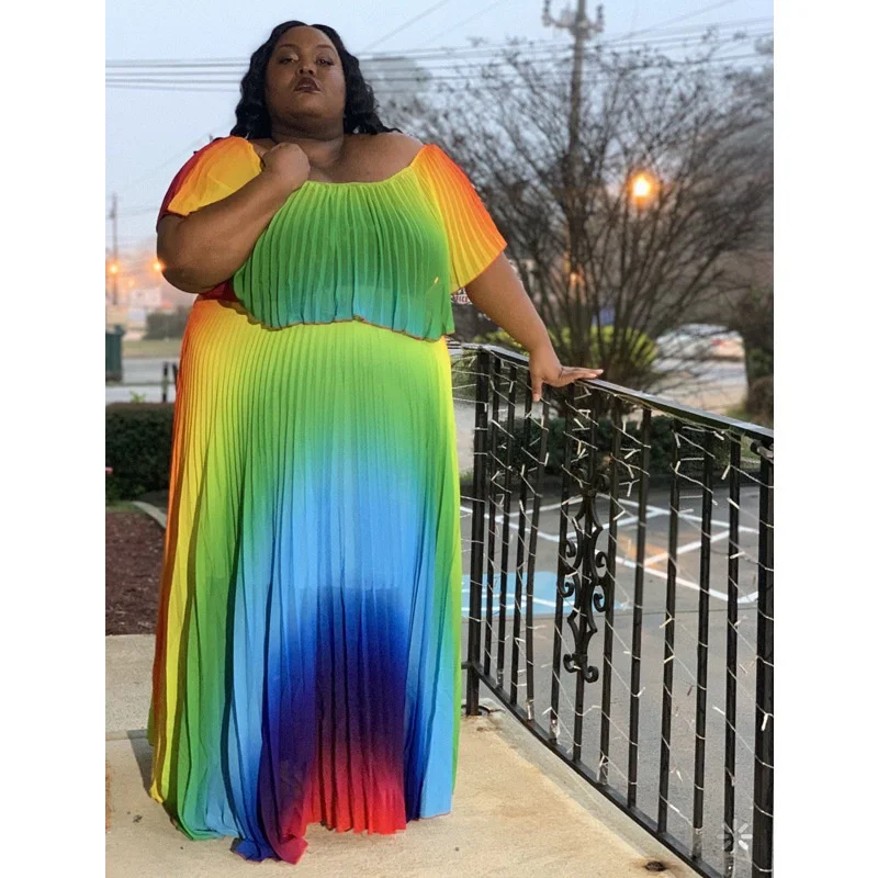 Plus Size Large Women's Dress Color Positioning Print Temperament Pleated Ruffle Dresses New Loose Casual Female Clothes