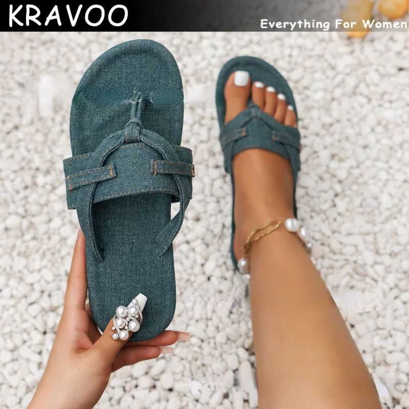 

KRAVOO Women Shoes Denim Cloth Flip Flops Slippers for Women Plus Size Sandals Women Ladies Slipper Beach Slides 2023 Summer