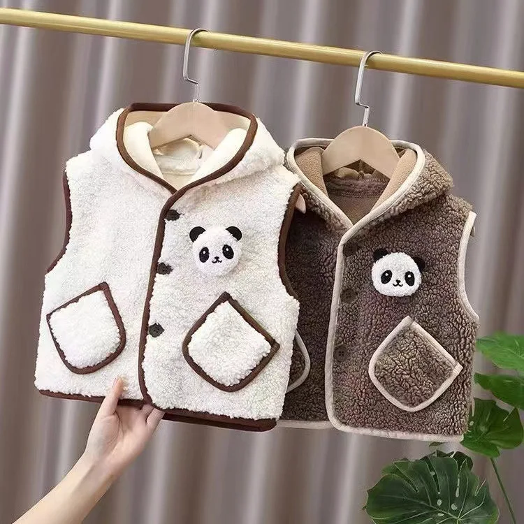 

Осень-зима 2023, теплый флисовый жилет с капюшоном для девочек и мальчиков с милой пандой, детский жилет для малышей