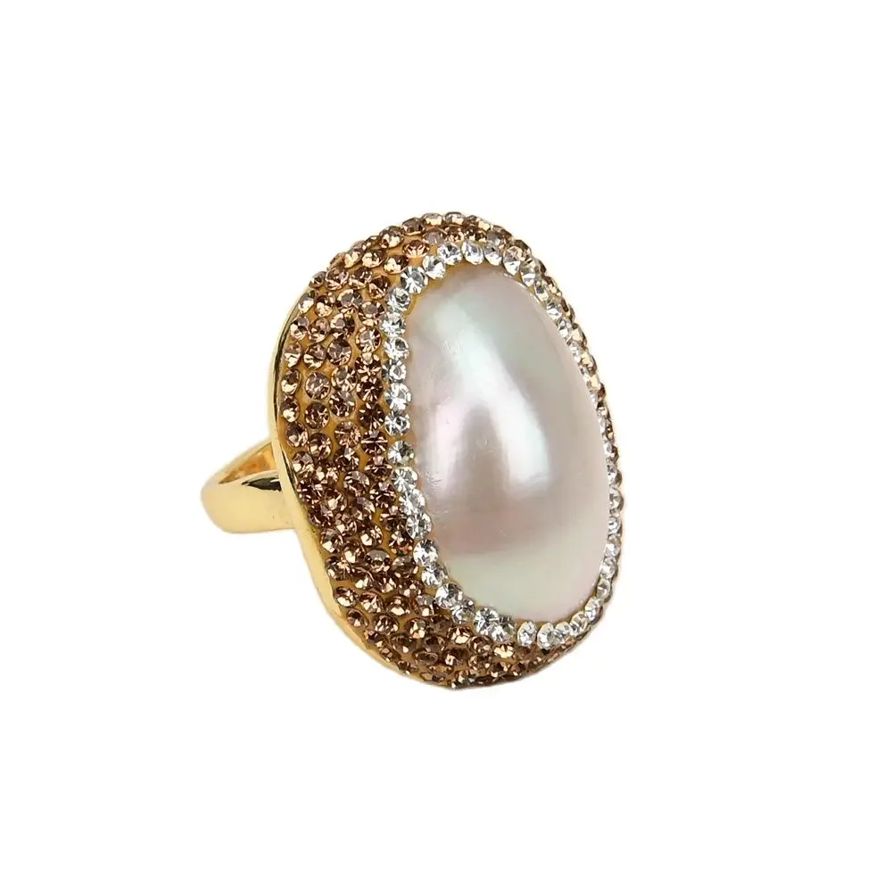 

GG Jewelry Natural White Shell Trimmed With Golden Crystal Ring Adjustable Sea Shell Pearl Ring Women Party Gifts