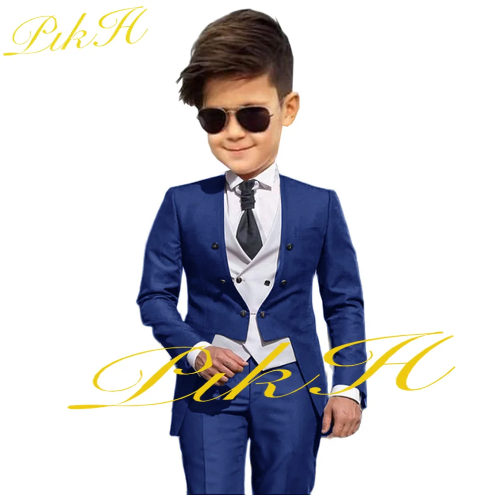 Royal Blue Design Boy Suit Three Piece Slim Fit Jacket Pants Vest Wedding Tuxedo High Quality Kids Blazer Set