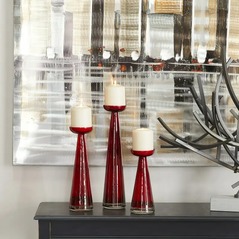 

3 Candle Red Glass Pillar Candle Holder, Set of 3