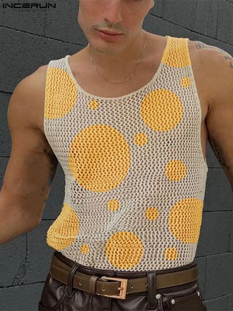 

American Style New Men's See-through Mesh Waistcoat Fashion Casual Male Comfortable Polka Dot Thin Vests S-5XL INCERUN Tops 2022