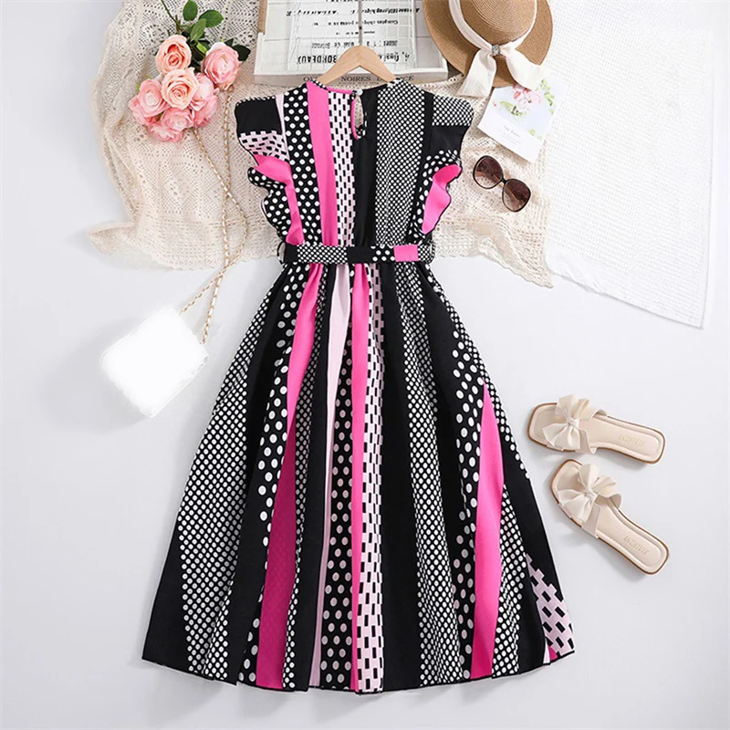 Платье детское летнее в горошек с круглым вырезом и поясом