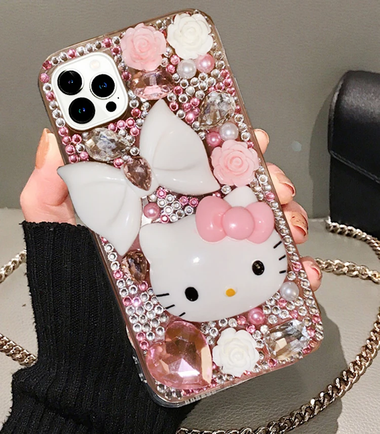 

Cute Cat KT Pink Case For Apple iPhone 14 13 12 11 Pro Max XR XS X 8 7 Plus Women Lady Luxury Bling Diamond Silicone Cover