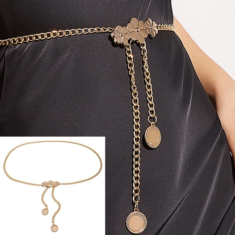 

Women Metal Belt High Waist Gold Metal Chain Belt Alloy Rose Flower Buckle Pendant Waistbands Bow Buckle Narrow Thin Waist Belt